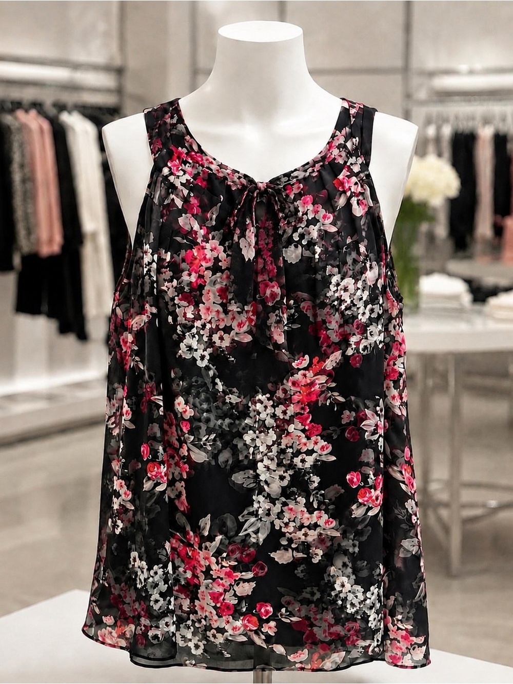White House Black Market Black Pink Red Floral Tie Neck Halter Top Blouse Size 8